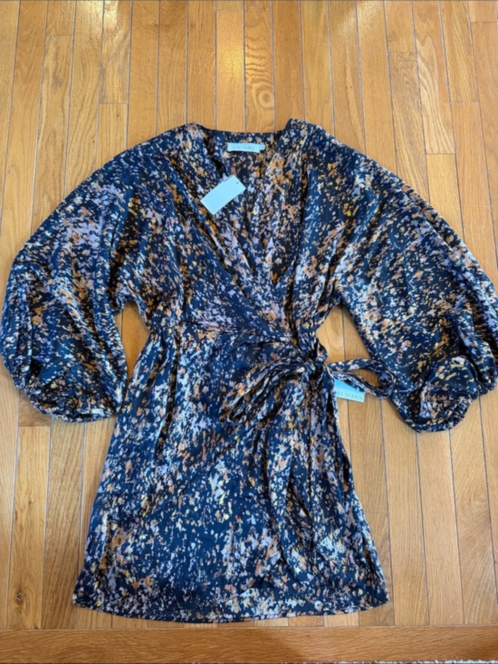 New Floret Studios Abstract Print Black Brown Long Sleeve Satin Wrap Dress Sz M